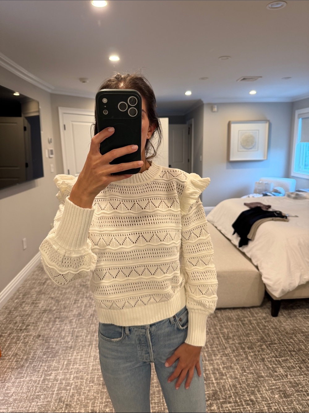 Generation Love white Pointelle Ruffle Shoulder Sweater